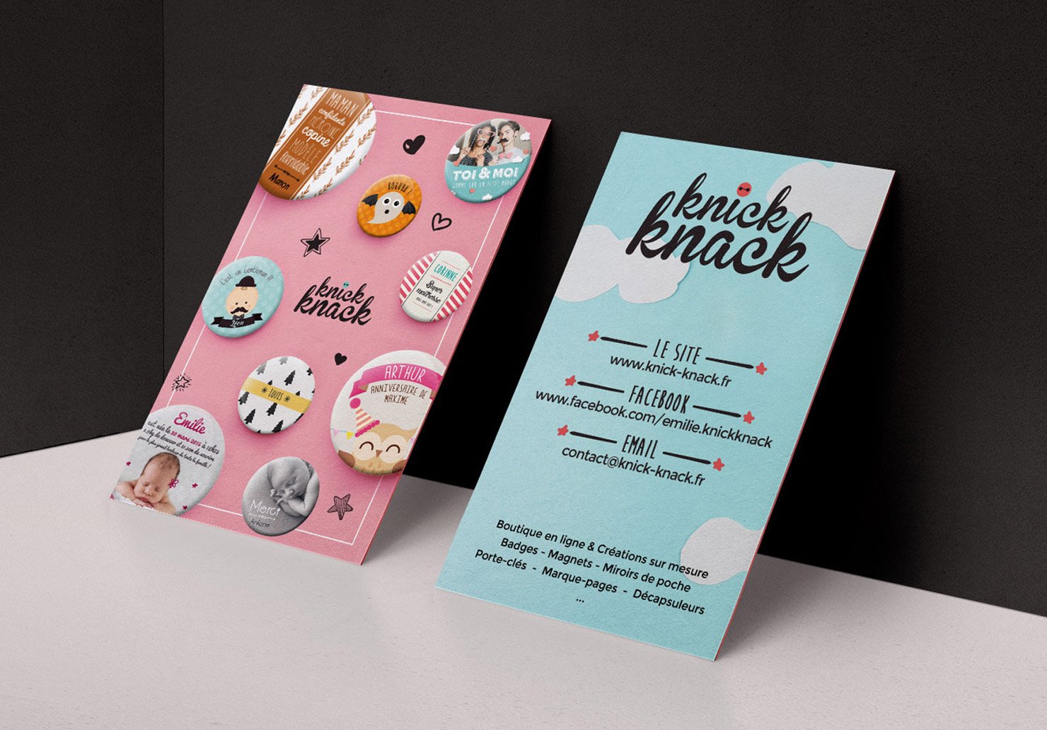 Carte de visite Knick-knack - Création de carte de visite par Emilie Le Béhérec Prima, graphiste freelance spécialisée dans le domaine de l'enfance